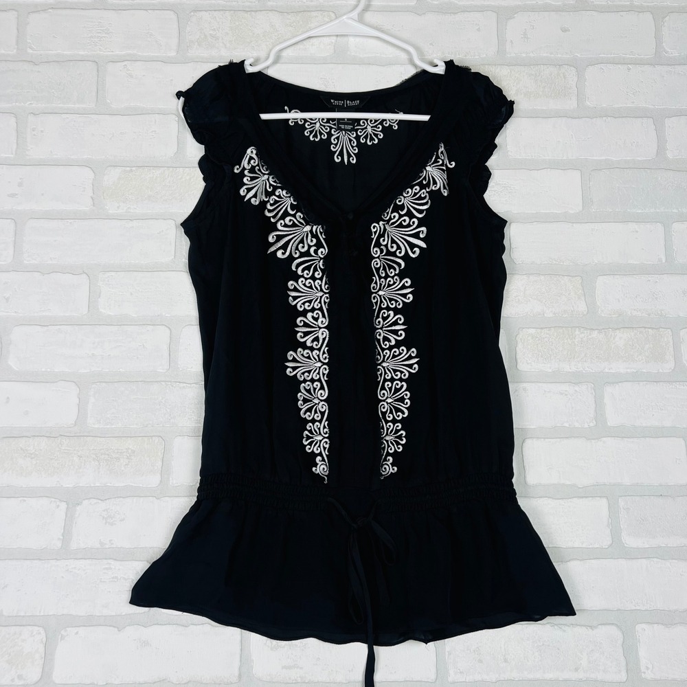 White House Black Market Black Silk Embroidered Peplum Blouse Ruffle Sleeve S